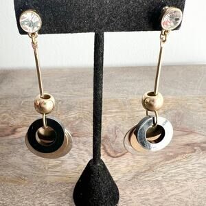 🍭6/$30 Mixed Media Silver black and gold funky  discdangle drop post earrings